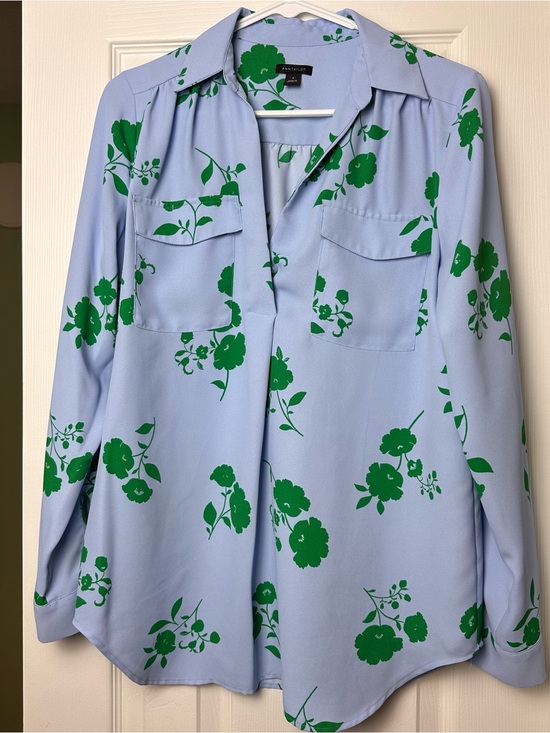 Anne Klein Tops - Anne Klein Pale Blue Blouse with Green Floral Print